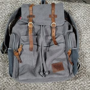 Canvas Vintage Leather Backpack- Grey